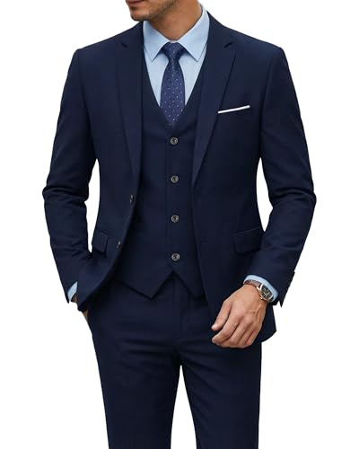 Image of YND Men's 3 Piece Suit with Tie, Solid Color Slim Fit Jacket Vest and Pants
