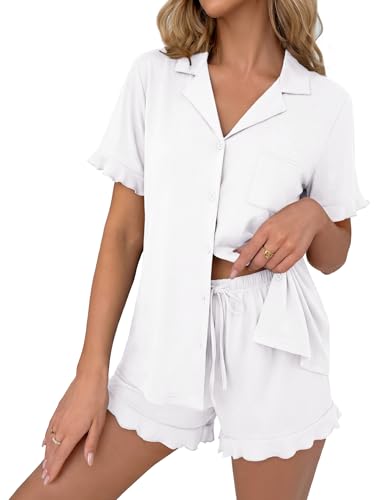 Ekouaer Pajamas Set for Women Button Down Pjs Lounge Sets Ruffle Short Sleeve Sleepwear Cute Loungewear White Small