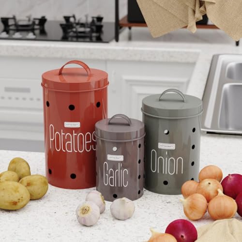 Image of Galvanized Metal Vegetable Storage Container Set - Potato, Onion & Garlic Bins with Lid | Rust-Resistant, Ventilated Kitchen Pantry Organizer | Set of 3 (Multicolor)