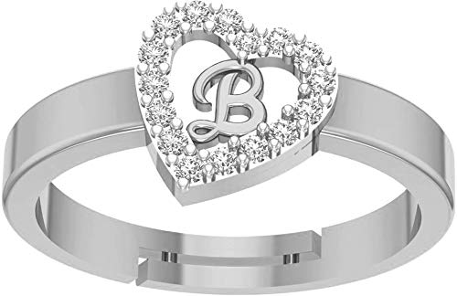 Kanak JewelsKanak Jewes Heart Shaped Brass B Alphabet Rings Silver Adjustable Valentine American Diamond Initial Letter for Women Girls Girlfriend Men Boys Couples I love you Cubic Zirconia Silver Plated Ring