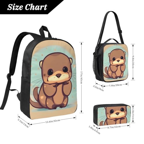 cute otter print Shoulder Bookbags Lunch Bag and Pen Case 17 inches Backpack with Lunch Box, Cute Bookbag Set4