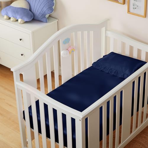 Image of Entisn 28x52 Satin Fitted Crib Sheet 2 Pack, Navy Blue | 8-Inch Deep Pocket Snug Fit, Silky Satin Protects Hair And Skin, No-Slip Reinforced Edges, Machine Washable Fade-Resistant