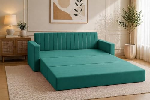 Image of Modern Velvet 3 Seater Sofa Cum Bed with Armrest, Convertible Sleeper Couch Sofa for Living Room, Bedroom & Office - Green Color