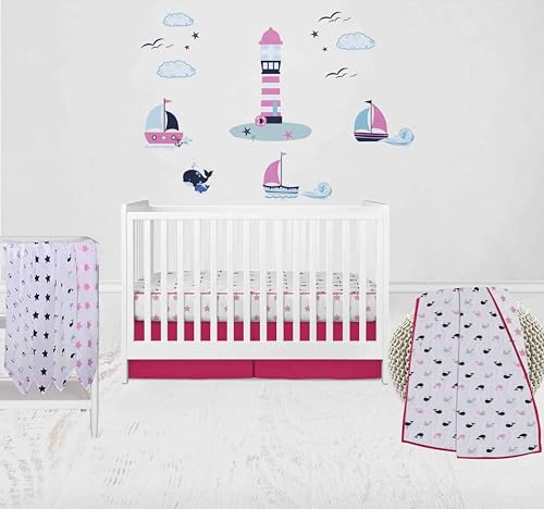 Bacati - Girls Nautical Muslin Whales Boat Pink Blue Navy 10 Piece Crib Bedding Set with 4 Swaddling Blankets