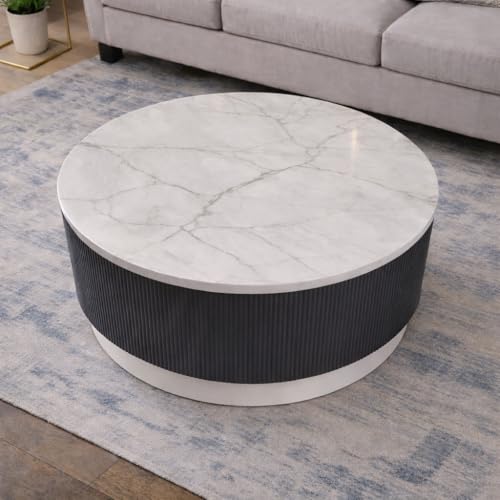 Image of WOODEN SPACE Round Marble-Top Wooden Center Table for Living Room | Modern Entryway Furniture | Coffee Table - 30X30X18 Inch (Dark Grey)