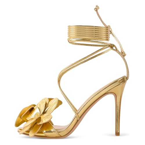 richealnini Golden Floral Heels for Women Elastic Lace Up Strappy Sandals with Flowers and Stiletto Heels2