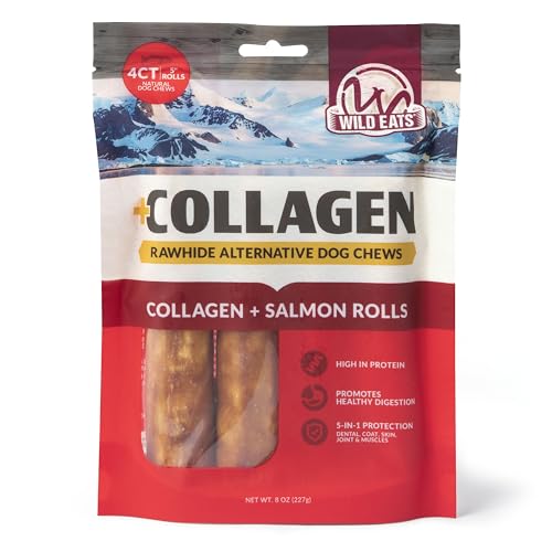 Wild Eats Salmon Flavor Collagen Retriever Style Cheek Roll 5" Dog Chews-4 Pack (Long Lasting Dog Chews Treats & Bones for Medium Dogs) Substitute for Pig Ears for Dogs