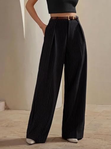 Image of KOTTY Women's Tailored Wide Leg Pinstripe Pants - High Waisted Straight Fit Work Trousers with Pockets, Elegant Office & Business Casual Wear