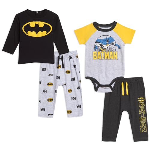 Image of DC Comics Justice League Batman Baby Bodysuit Pullover T-Shirt and Pants 4 Piece Layette Set Newborn to Infant