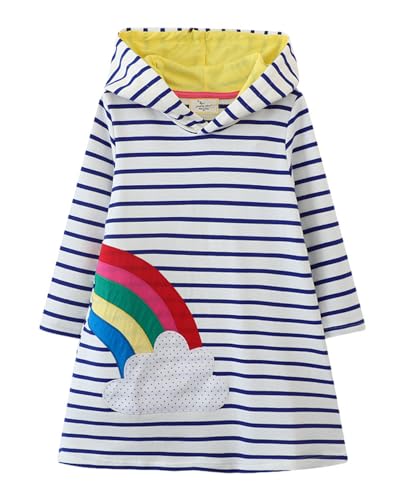 Image of Girls Cotton Long Sleeve Casual Cartoon Appliques Striped Jersey Dresses