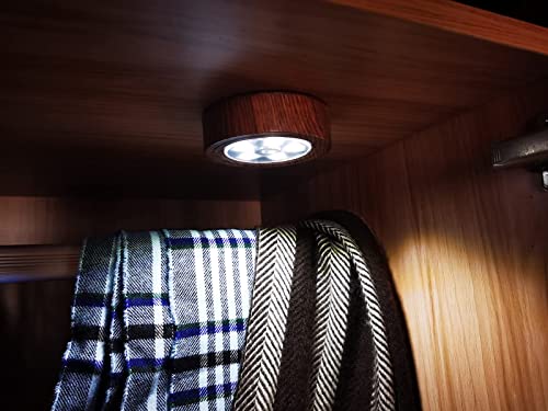 Image of Puck Lights with Remote, LED Under Cabinet Lights with Auto Timer, Battery Operated Dimmable Under Counter Light for Closet, Kitchen, Under Counter, Hallway, Stairs. 4 Pack (Woodgrain-1)
