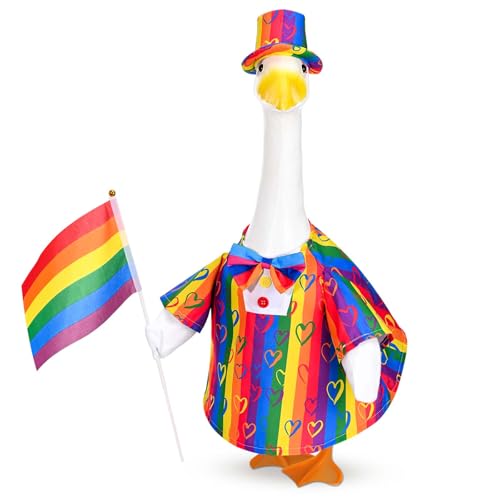 Rainbow Pride Goose Outfit Porch Goose Pride Outfits LGBTQ Goose Outfit with Love Print Rainbow Clothes Hat Bow Flag Fits 23 Geese Statue for Pride Month Indoor Outdoor Garden Lawn Patio Yard Decor