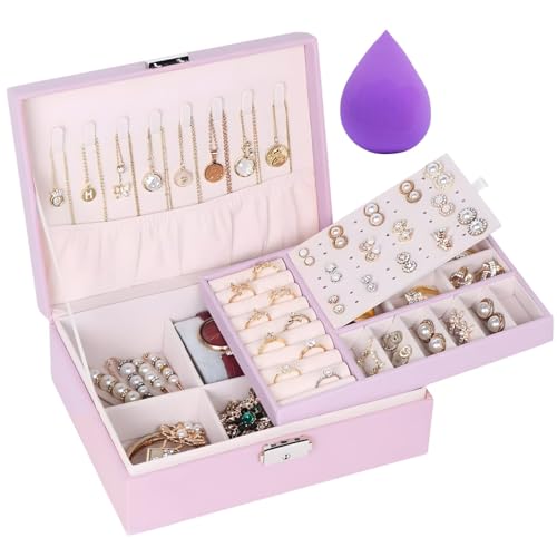 Image of OCEANEVO Jewellery Organiser Box WITH Makeup Sponge, Jwell Organizer Storage Box with Lock, Earrings, Necklace Organizer for Women - 23 x 17 x 8.5 Cm - Pink - 1 Year Warranty