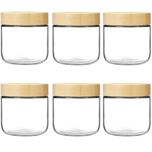 Hikrxya Paquete de 6 tarros de vidrio para avena nocturna con tapas de bambú, 300 ml, tarros de ensalada de vidrio de boca ancha, recipientes de almacenamiento de alimentos, ideales para yogur