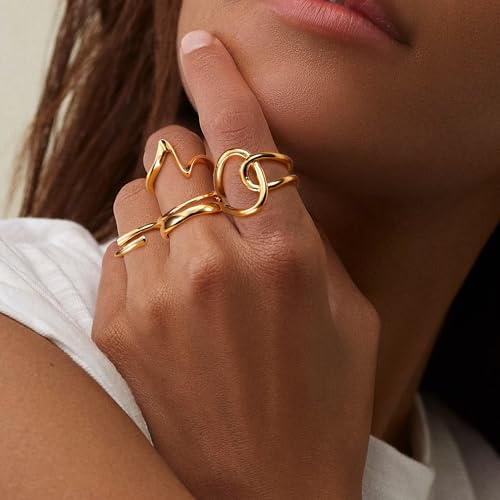FIBO STEEL 12Pcs Chunky Rings for Women - 18K Gold Plated Thick Rings Stacking Open Rings Set Adjustable3