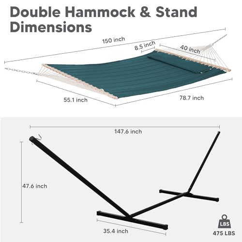 Image of SUNCREAT Hammocks Extra Large Double Hammock with 12 ft Stand for Outside, 475lbs Capacity, Outdoor Portable Hammock with Hardwood Spreader Bar, Extra Large Pillow, Dark Green