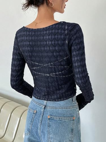 OYOANGLE Women's Long Sleeve Sheer Tops Button V Neck Open Front Lightweight Crop Cardigans3