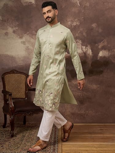 Image of Men's Calf Length Silk Blend Embroidered Solid Kurtas | Men | Kurtas for Mens | Straight Fit Kurta for Men's