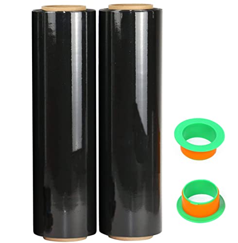 Image of 2-Pack Black Stretch Wrap 18 inch x 1000 Feet 80 Gauge Industrial Strength with Plastic Handle, Plastic Pallet Supplies Durable Self-Adhering for Packing, Moving, Heavy Duty Shrink Film Rolls