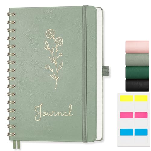 AUTEMPO A5 Notebook, Notepad Leather Hardcover Wirebound Spiral Notebooks 140 Pages for Writing, 100gsm Thick Lined Paper, for Women Men Work Office School,14.5 x 21cm, Sage Green