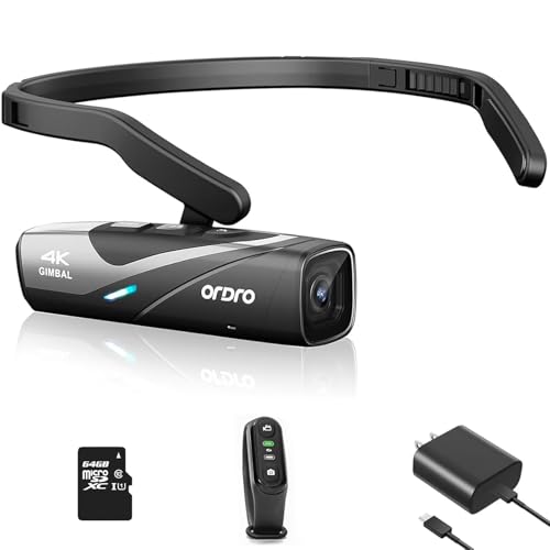 ORDRO EP8 4K 60FPS Head-Mounted Camera with 2-Axis Gimbal Stabilizer | Wearable Vlog Cam | Auto Focus, WiFi App & Remote Control | Includes 64GB Card