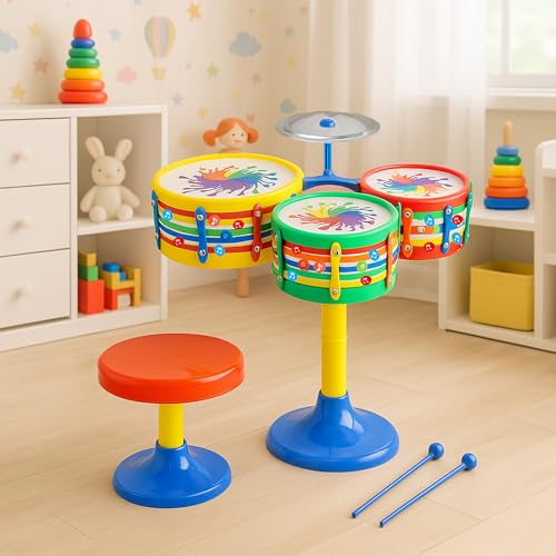 Image of Kidsmate Lil' Beats Drum Set for Kids | 3 Drums, Cymbal, Drumsticks & Stool | Musical Toys for Kids | Perfect Birthday Gift Mini Drum Set for Boys & Girls of Age 3+ (Multicolor)