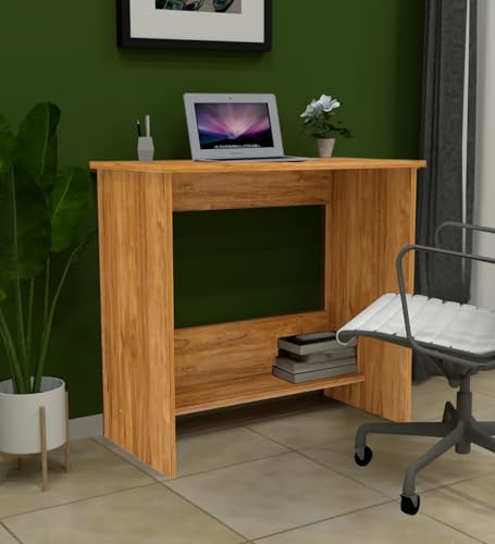 Image of Compact Study Desk with Storage Shelf, Natural Wood Finish, Space-Saving Home Office Table, 80x40x74 cm, DIY Assembly