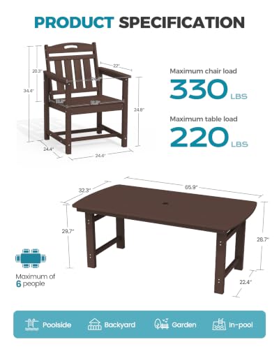 Image of Ciokea HDPE Outdoor Dining Set of 6, Patio Table and Chairs Sets, Brown