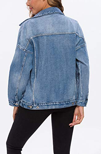 Tsher Women's Oversize Vintage Washed Denim Jacket Long Sleeve Classic Loose Jean Trucker Jacket D0032