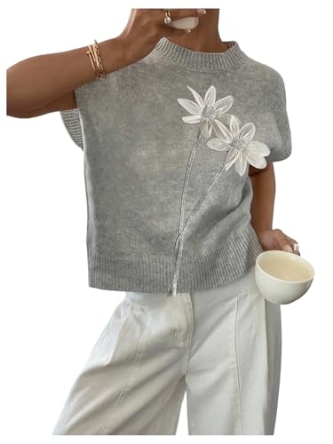 Image of SOLY HUX Women's Short Sleeve Sweater 3D Floral Sweaters Pullover Tank Tops Knit Vest Trendy Fashion Clothing