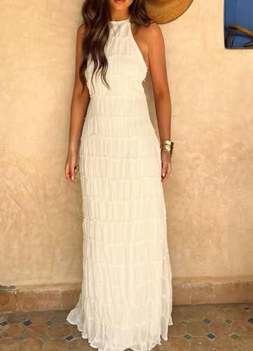 Women's Sexy Halter Neck Backless Pleated Maxi Dress Sleeveless Smocked Casual Boho Beach Vacation Flowy Sundresses3