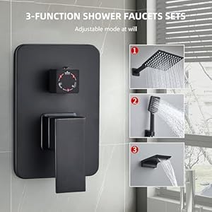 Shower faucet set complete matte black shower system with 12 inch square rainfall shower head 3 function handheld shower waterfall bathtub spout rain shower combo set bathroom wall mounted  urban country home decor