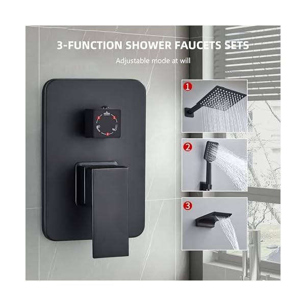 Shower faucet set complete matte black shower system with 12 inch square rainfall shower head 3 function handheld shower waterfall bathtub spout rain shower combo set bathroom wall mounted  urban country home decor