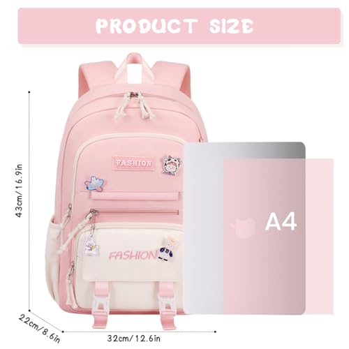 Image of Climberty Cotton Girls School Backpack Kawaii Pink School Book Bag Multi Compartment 15.6 inches Travel Backpack School Bag for Girls 6-12 Years Old Birthday Gift Christmas Gift, 32x15x45cm