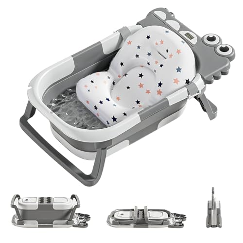 UBRAVOO ワニ ベビーバス 折りたたみ 湯温計付き 滑り止め バスクッション付き 簡易収納 ベビー 赤ちゃん お風呂 浴槽 バスタブ 沐浴 シンク 新生児 0~36ヶ月 出産祝い (グレー)