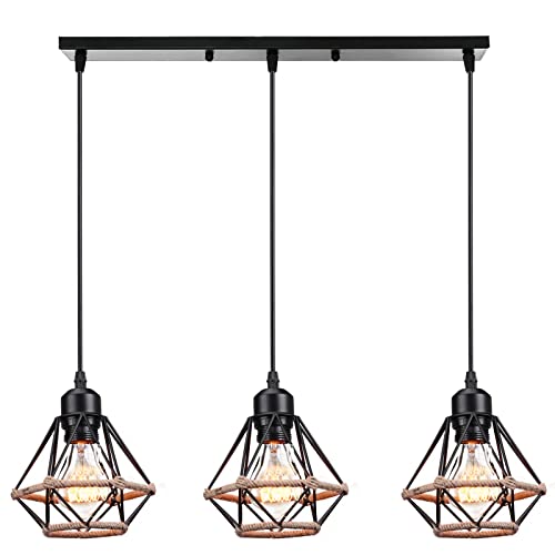 PETITES ECREVISSES Lustre Suspension Industrielle Design 3 Lampes Diamant Chanvre Corde Métal LED Luminaire Plafonnier Abat-Jour Rétro Design E27 pour cuisine salon chambre (Ø16cm-avec une barre)