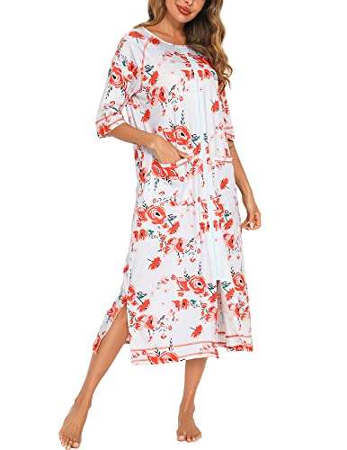 Image of Veseacky Women Robe Zipper Front House Coat 3 /4 Sleeve Nightgown Full Length Ladies Lounge Dress with Pockets S-XXL