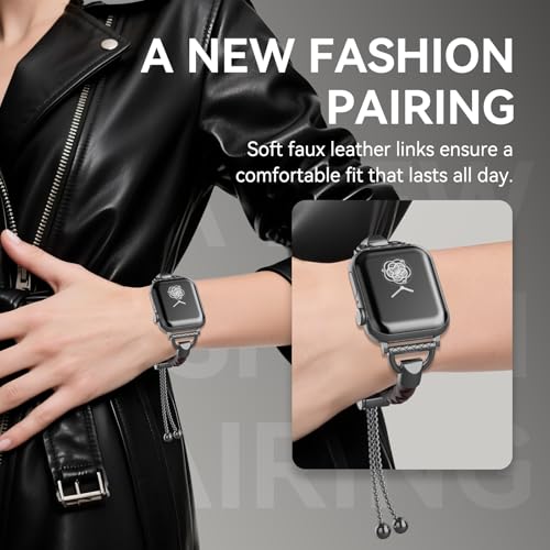 Image of Leather and Metal Band Compatible with Apple Watch Bands for Women,Adjustable Designer Cute Stylish Strap for iWatch Series11 /10 /9 /8 /7 /6 /5 /4 /3 /2 /1 /SE /Ultra