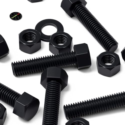 Image of 10x Black Nylon PA66 Hex Head Plastic Bolts, Nuts & Washers, M12 x 50 mm, Fastener, (15 /32 x 1 31 /32 in)