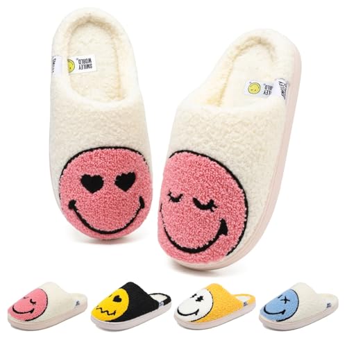Wpecgoo Cute Smiley Face Slippers for Kids Boys Girls Winter Warm Fluffy House Shoes Kids Fuzzy Slippers with Memory Foam Non-Slip Indoor Outdoor Slip On Funny Unisex Toddler Footwear