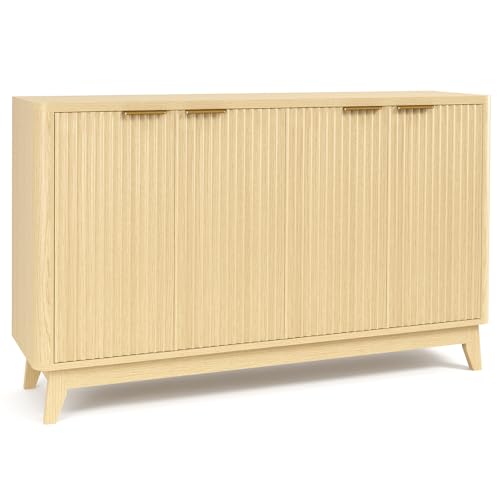 HAOOU 57" Fluted Sideboard Buffet Cabinet with Aesthetic Curved Profile, 4-Door Credenza Storage Cabinet Entryway Console Table Accent Coffee Bar with Ample Storage, Adjustable Shelves - Natural Oak