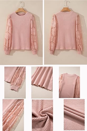 BLENCOT Womens Casual Crochet Top Mesh Lace Long Sleeve Shirts Waffle Knit Blouse Crewneck Shirt Fall Womens Tops Pullover4