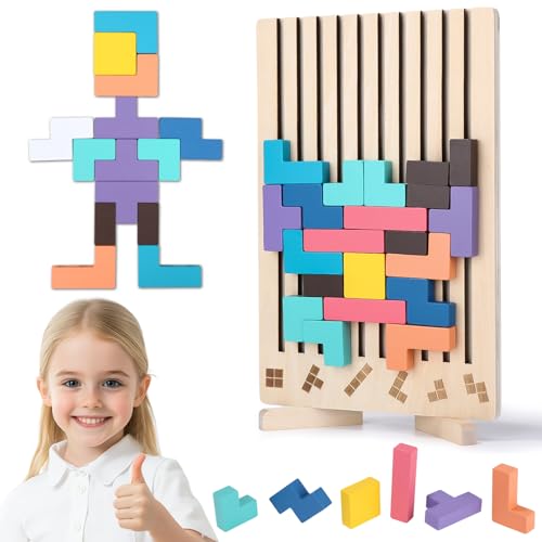 Tetris Holzspiel, Montessori-Spiele 3 4 5 6 Jahre, Puzzle Holz, 3D Montessori Spielzeug Wooden Puzzle, Holzpuzzle Stapelsteine mit 10 Karten, bunt, Geometrische Blöcke, Geschenk für Kinder