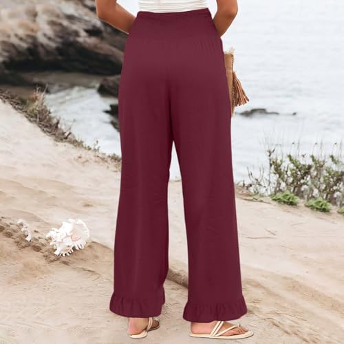 Wide Leg Linen Pants for Women Smocked Elastic High Waisted Ruffle Hem Palazzo Pants Casual Drawstring Beach Trousers3
