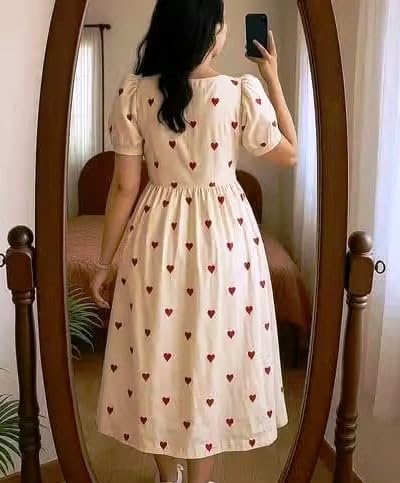 Image of Women's Rayon Heart Print Fit and Flare Kurta, White, Square Neck, Short Sleeve