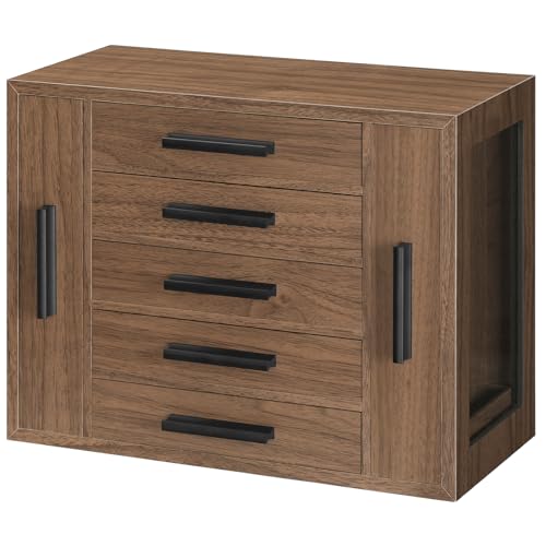 HOOBRO Caja para Guardar Joyas con 5 Niveles, Joyero de Madera con Ventanilla Transparente y 2 Cajones Verticales, Cofre para Joyas, Pendientes, Collares, Anillos, Relojes, Nogal y Negro EBH19JB04
