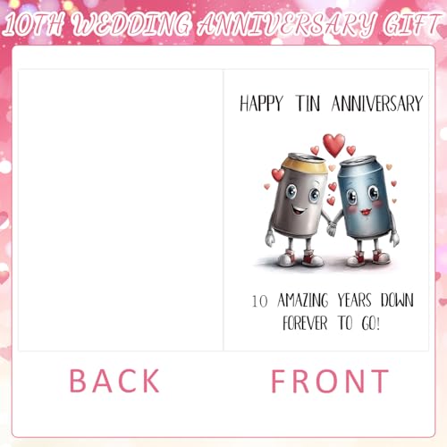 Eiapadeor 10th Wedding Anniversary Card Gift - 2PCS Anniversary Tin Gifts, 10 Years Wedding Card With Envelopes, Unique Heart Keyring, Funny 10th Tin Card for Wife Husband Couple - Image 2