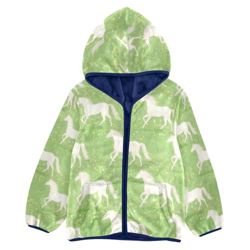 White Horses on Green Background Toddler Fleece Jacket Girl Boys Hooded Fleece Jacket Coat Warm Outwear Zip-up 3-10T