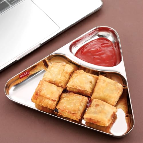 Image of HAZEL Stainless Steel 2 Section Triangle Plate | Divided Snack & Meal Tray | Rimless Partition Thali for Kids & Daily Use