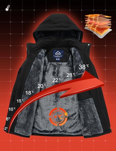 donhobo Damen Outdoor Winterjacke Winddichte Wasserdicht Softshell Jacke Warm Fleece Skijacke Funktionsjacke mit Abnehmbarer Kapuze, Schwarz, L